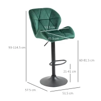 HOMCOM Set 2 Sgabelli da Bar, Altezza Regolabile con Base in Metallo e Seduta in Velluto, Sgabelli Moderni con Schienale e Poggiapiedi, 46x48x83-104cm, Verde(m-3)