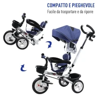 Homcom Triciclo Passeggino per Bambini con Maniglione Tetto Parapioggia Regolabile e Cestino, Blu(m-5)