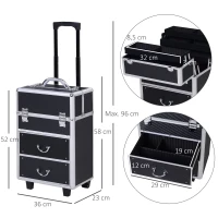 HOMCOM Valise trolley maquillage mallette cosmétique vanity poignée télescopique réglable 36L x 23l x 58H cm alu noir(m-3)