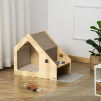 PawHut Niche à Chien et Chat Maison pour Chien et Chat d'intérieur Design avec Deux gamelles et Coussin Amovible - Beige(m-2)