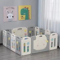 HOMCOM Box Recinto per Bambini +6 Mesi con 14 Pannelli a Incastro con Serratura e Giochi, Grigio e Bianco 160x152x62cm(m-2)