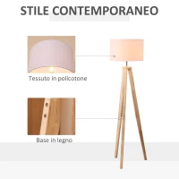HOMCOM Lampada da Terra con Base Treppiede in Legno e Paralume in Tessuto Bianco, E27, 45x45x147cm(m-4)