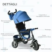 HOMCOM Triciclo per Bambini con Maniglione Tettuccio Deluxe Struttura Metallo 102 x 49 x 102cm Nero Blu(m-10)