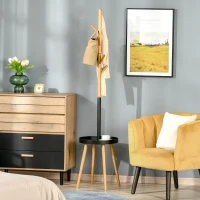 HOMCOM Albero Appendiabiti da Terra con Altezza Regolabile, Attaccapanni 2 in 1 con Tavolino e 5 Ganci, 40x40x179cm, Legno e Nero(m-2)