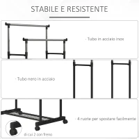 HOMCOM Appendiabiti Attaccapanni in Acciaio con Altezza Regolabile, Stand Porta Abiti, 4 Rotelle, 2 Binari e 1 Ripiano, Nero(m-6)