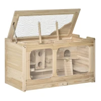 PawHut Gabbia per Criceti in Legno di Abete con Giochi e Casette, Parete in Vetro e Tetto Apribile, 78x40x44cm Colore Naturale(m-1)