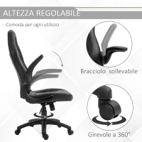 Vinsetto Poltrona Gaming o da Ufficio in Similpelle Nera, Braccioli Pieghevoli Schienale e Altezza Regolabile 117-127Acm(m-6)