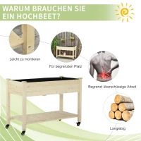 Outsunny Verhoogd bed met wielen plantentafel bloembak met afvoer massief houten vliesstof(m-6)