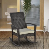 Outsunny Sedia a Dondolo da Giardino in Rattan PE con Cuscino e Braccioli per Arredamento da Esterno 66x88x98cm Marrone(m-2)