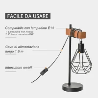 HOMCOM Lampada da Tavolo in Stile Industriale, Lampada da Comodino con Paralume Regolabile in Metallo Nero e Color Legno, 25x15x48cm(m-7)