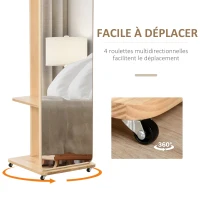HOMCOM Miroir sur Pied avec roulettes - Portant, 4 patères étagère MDF Aspect Bois Clair(m-4)