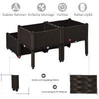 Outsunny verhoogd bed, 4-delige plantenbak met afwateringsgaten, plantenkasst in rotan-look, PP, bruin(m-4)