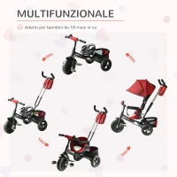HOMCOM Triciclo per Bambini Multifunzione con Maniglione e Tettuccio, Barriera di Sicurezza e Cestino Portaoggetti, 102 x 49 x 102cm, Nero Rosso(m-5)