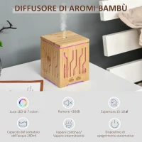 HOMCOM Diffusore di Aromi Oli Essenziali per Ambienti Fino a 15-18㎡, Vaporizzatore a 2 Modalità con 7 Luci Colorate, Bambù 200Ml(m-6)