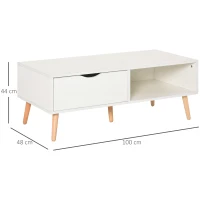 HOMCOM Tavolino da Salotto in Stile Nordico, Tavolino da Caffè in Legno Bianco per Soggiorno con Cassetti e Scaffali, 100x48x44cm(m-3)