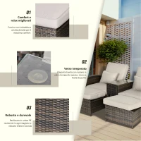Outsunny Set 2 Sedie Sdraio da Giardino Reclinabili con Tavolino, Lettino Prendisole Imbottito in Rattan Sintetico, Marrone e Khaki, 165x75x96cm(m-6)