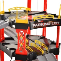 HOMCOM Pista Macchinine su 3 Livelli con 4 Auto 1 Elicottero e Accessori Inclusi per Bambini 3+, Rossa e Nera 62x52x51cm(m-8)