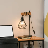 HOMCOM Lampada da Tavolo in Stile Industriale, Lampada da Comodino con Paralume Regolabile in Metallo Nero e Color Legno, 25x15x48cm(m-2)