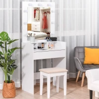 HOMCOM Toletta da Camera con Specchio e 9 Luci LED, Tavolo Trucco con Cassetto e Vani Aperti 70x40x160cm, Bianco(m-2)