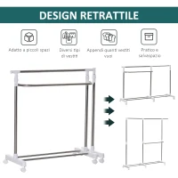 HOMCOM Stender Estensibile Appendiabiti Stendibiancheria 3 Livelli con Portascarpe e Ruote, Acciaio e PP, Bianco, 93-172x42x95-162.5cm(m-6)