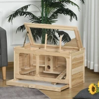 PawHut Gabbia per Criceti in Legno di Abete con Giochi e Casette, Parete in Vetro e Tetto Apribile, 78x40x44cm Colore Naturale(m-2)