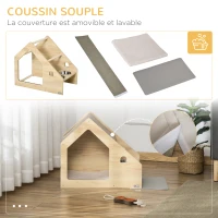 PawHut Niche à Chien et Chat Maison pour Chien et Chat d'intérieur Design avec Deux gamelles et Coussin Amovible - Beige(m-5)