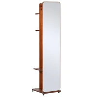 HOMCOM Specchio da Terra con Appendiabiti, Mensole e Ruote, Sistema Antiribaltamento, MDF e Legno, 40x44.5x170cm, Noce(m-1)