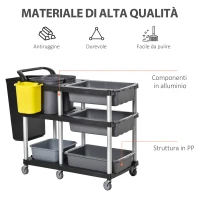 HOMCOM Carrello Pulizie Professionale 3 Livelli, in Plastica e Alluminio, 110x50x92cm, Grigio(m-5)