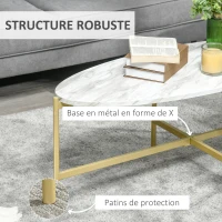 HOMCOM Table Basse Ovale Design Style Art déco dim. 121L x 51l x 45H cm Structure métal doré Plateau Aspect marbre Blanc(m-6)