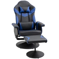 HOMCOM Fauteuil Gaming inclinable pivotant avec Repose-Pied - Coussins lombaires, tétière Inclus - revêtement synthétique Bleu Noir(m-1)