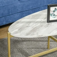 HOMCOM Table Basse Ovale Design Style Art déco dim. 121L x 51l x 45H cm Structure métal doré Plateau Aspect marbre Blanc(m-8)