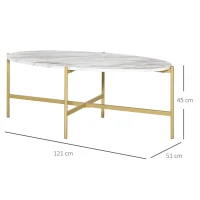 HOMCOM Table Basse Ovale Design Style Art déco dim. 121L x 51l x 45H cm Structure métal doré Plateau Aspect marbre Blanc(m-3)