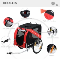 PawHut Remolque plegable para bicicleta de mascotas 8 reflectores bandera barra de remolque incluida acero poliéster impermeable máx. 30 Kg 130x73x90 cm rojo(m-3)