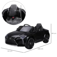 HOMCOM Coche Eléctrico para Niños +3 Años Automóvil LEXUS LC500 Control Remoto y Manual con Música Bocina y Faros Soporta Máx.30 kg 106x63x44 cm Negro(m-3)