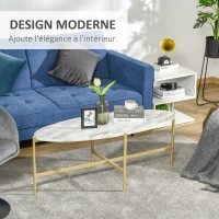 HOMCOM Table Basse Ovale Design Style Art déco dim. 121L x 51l x 45H cm Structure métal doré Plateau Aspect marbre Blanc(m-4)