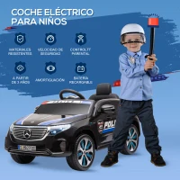 HOMCOM Coche Eléctrico de Policía para Niños Mercedes EQC Batería 12V +3 Años con Mando a Distancia Música Bocina y Faros Doble Apertura 106x68x53 cm Negro(m-4)