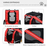 PawHut Remolque plegable para bicicleta de mascotas 8 reflectores bandera barra de remolque incluida acero poliéster impermeable máx. 30 Kg 130x73x90 cm rojo(m-4)