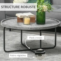HOMCOM Table Basse Ronde Design dim. Ø 80 x 41H cm piètement croisé métal Noir Plateau MDF Effet béton ciré(m-6)