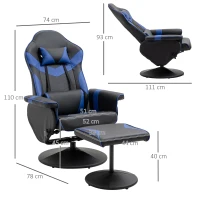 HOMCOM Fauteuil Gaming inclinable pivotant avec Repose-Pied - Coussins lombaires, tétière Inclus - revêtement synthétique Bleu Noir(m-3)