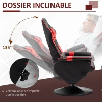HOMCOM Fauteuil Gaming inclinable pivotant avec Repose-Pied - Coussins lombaires, tétière Inclus - revêtement synthétique Rouge Noir(m-4)