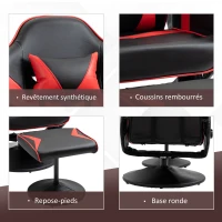 HOMCOM Fauteuil Gaming inclinable pivotant avec Repose-Pied - Coussins lombaires, tétière Inclus - revêtement synthétique Rouge Noir(m-6)