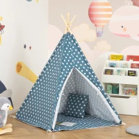 HOMCOM Namiot Tipi dla dzieci z matą podłogową i poduszką, niebieski + biały, 120 x 120 x 155 cm(m-4)