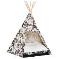 PawHut Portable Canvas Pet Teepee Tent Foldable Cat Bed Dog Puppy House Small Animal Play Kennels Removable Washable Cushion(m-1)