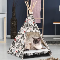 PawHut Portable Canvas Pet Teepee Tent Foldable Cat Bed Dog Puppy House Small Animal Play Kennels Removable Washable Cushion(m-2)