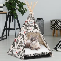 PawHut Portable Canvas Pet Teepee Tent Foldable Cat Bed Dog Puppy House Small Animal Play Kennels Removable Washable Cushion(m-10)