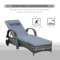 Outsunny Espreguiçadeira de Vime Jardim Espreguiçadeira com Encosto Ajustável em 5 Posições Almofadas Acolchoadas Apoio para a Cabeça e 2 Rodas 200x73x56-103cm Cinza(m-4)