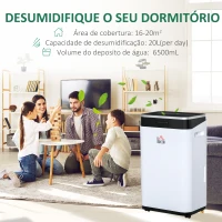HOMCOM Desumidificador Elétrico 6,5L 20L/Dia com 3 Modos 2 Velocidades Tela LED Luzes Indicadoras Temporizador e Rodas Silencioso para Casa 34x24x57cm Branco(m-4)