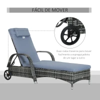 Outsunny Espreguiçadeira de Vime Jardim Espreguiçadeira com Encosto Ajustável em 5 Posições Almofadas Acolchoadas Apoio para a Cabeça e 2 Rodas 200x73x56-103cm Cinza(m-7)