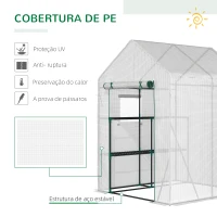 Outsunny Estufa de Jardim 143x143x195cm Estufa de Aço com 2 Prateleiras Porta e 2 Janelas Enroláveis para Cultivo de Plantas Vasos de Flores Pátio Exterior Branco(m-4)