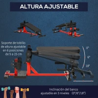 HOMCOM Máquina de sentadillas 3 en 1 Equipo para ejercicios abdominales y de espalda Bombas de sentadilla Banco reclinable ajustable en altura en 6 posiciones Acero 100 x 58 x 46 cm Rojo y negro(m-5)